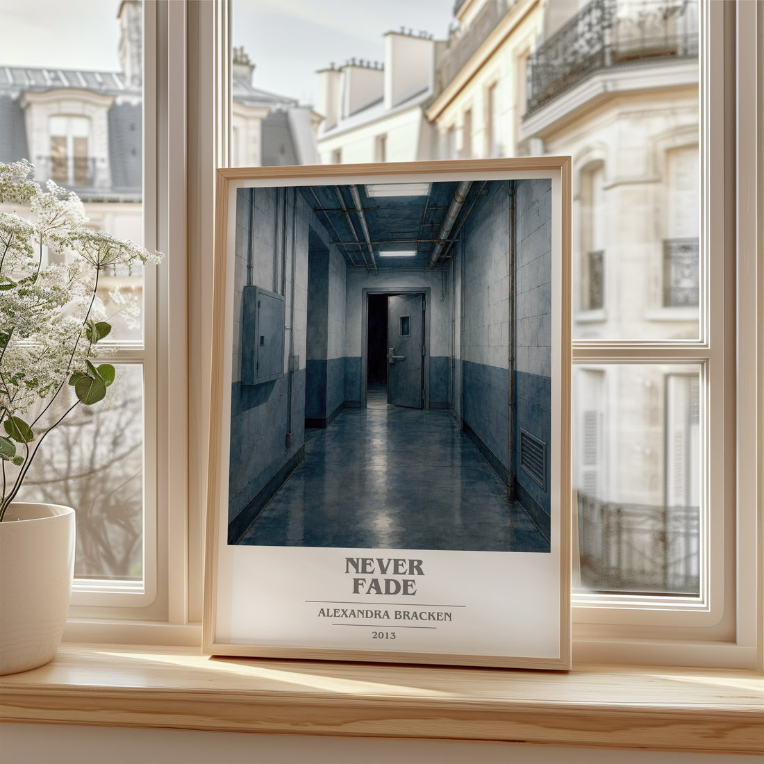 Never fade Book Cover Poster by Alexandra Bracken – framed print by a bright window