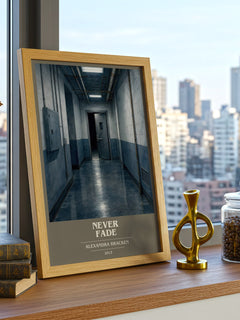 Never fade Book Cover Poster by Alexandra Bracken – framed print on a city-view windowsill