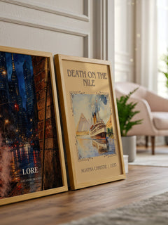 Lore watercolour print framed by window – literary home decor
