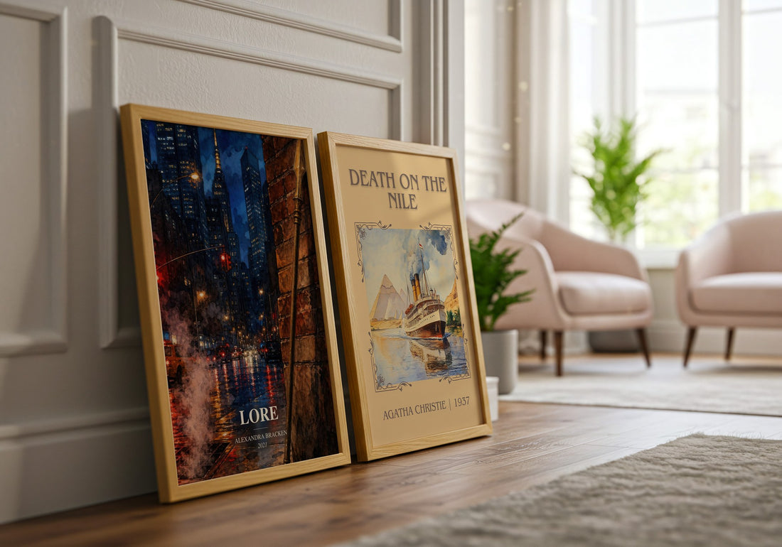 Lore watercolour print framed by window – literary home decor