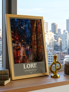 Lore book cover print framed by window – literary home decor