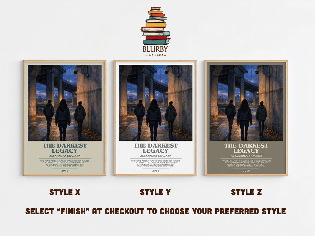 The darkest legacy bookish print in frame leaning in hallway – young adult wall art (mockup)
