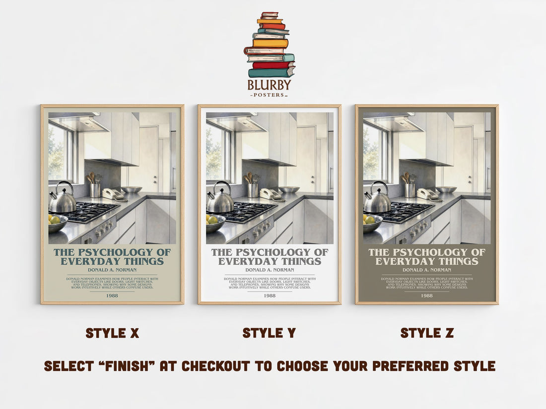 The Psychology of Everyday Things bookish print in frame leaning in hallway – non fiction wall art (mockup)