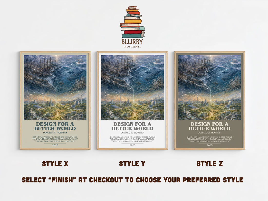 Design for a Better World bookish print in frame leaning in hallway – non fiction wall art (mockup)