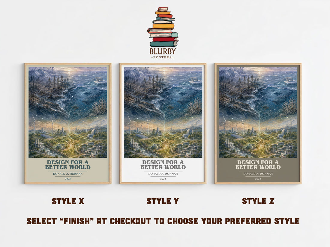 Design for a Better World book cover print in frame leaning in hallway – non fiction wall art (mockup)