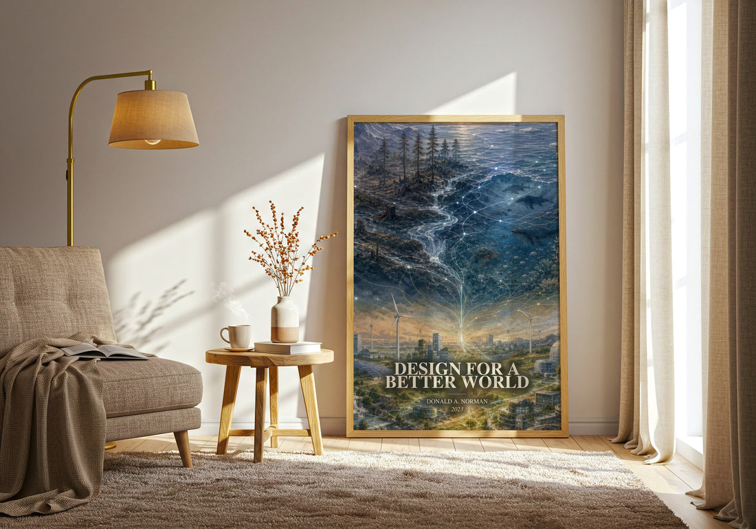 Design for a Better World watercolour print in frame leaning in hallway – non fiction wall art