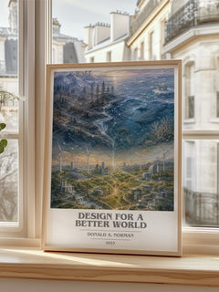 Design for a Better World Book Cover Poster by Donald A. Norman – framed print by a bright window