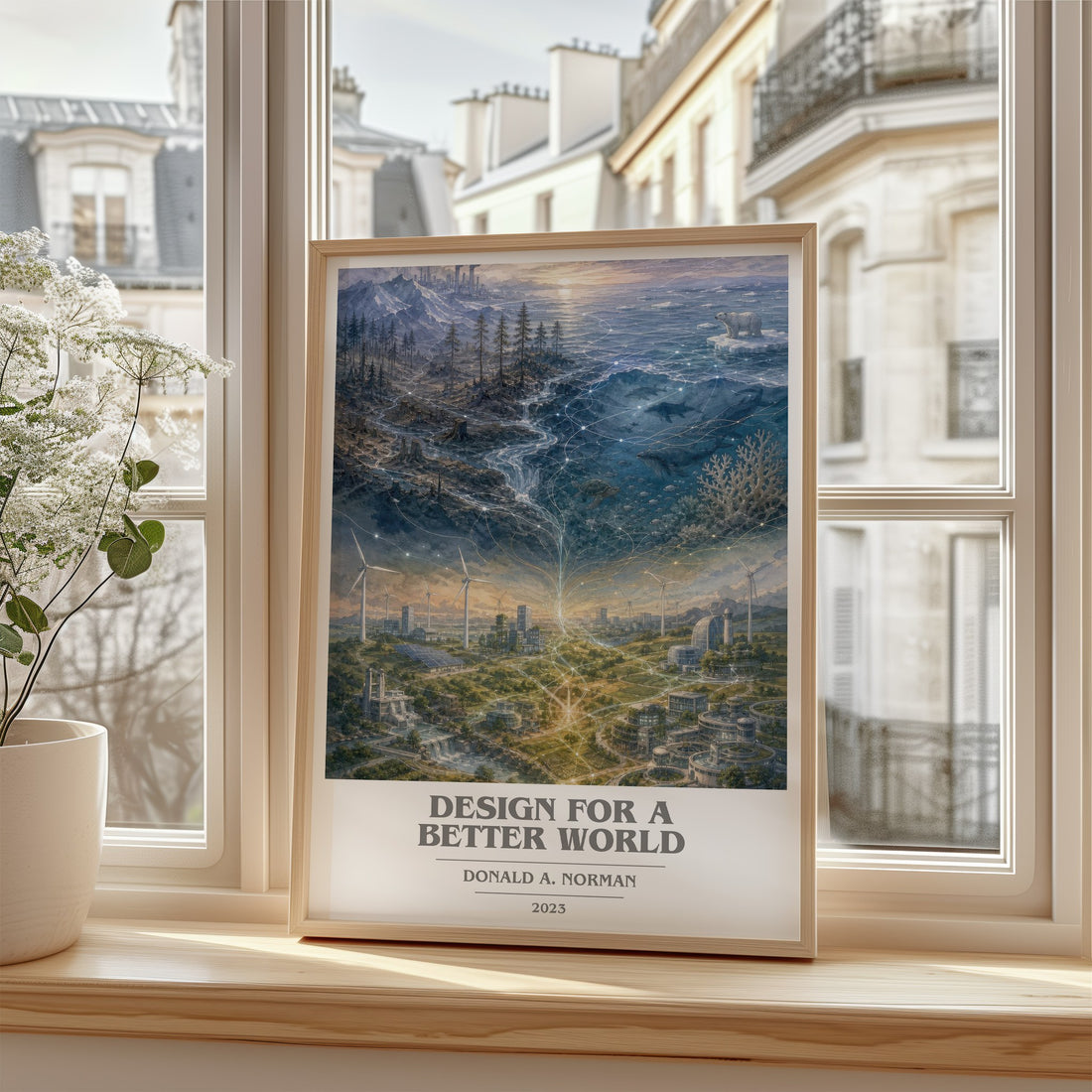 Design for a Better World Book Cover Poster by Donald A. Norman – framed print by a bright window