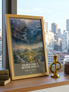 Design for a Better World Book Cover Poster by Donald A. Norman – framed print on a city-view windowsill