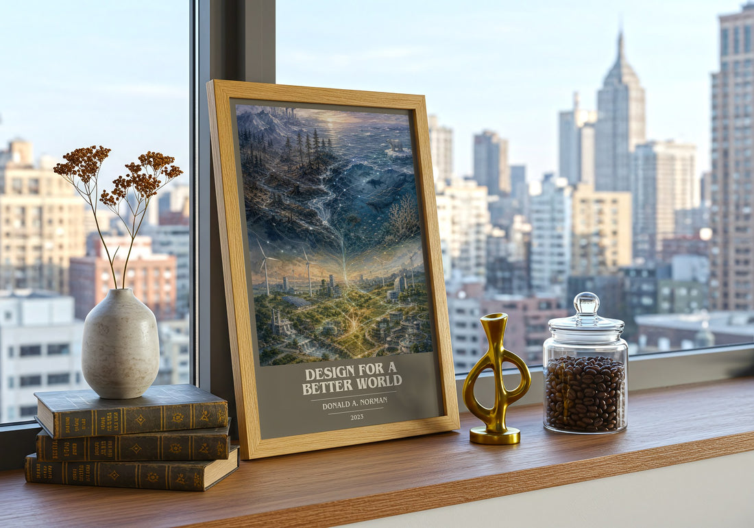Design for a Better World Book Cover Poster by Donald A. Norman – framed print on a city-view windowsill