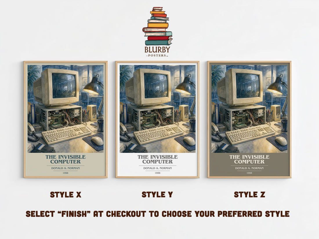 The invisible computer book cover print in frame leaning in hallway – non fiction wall art (mockup)