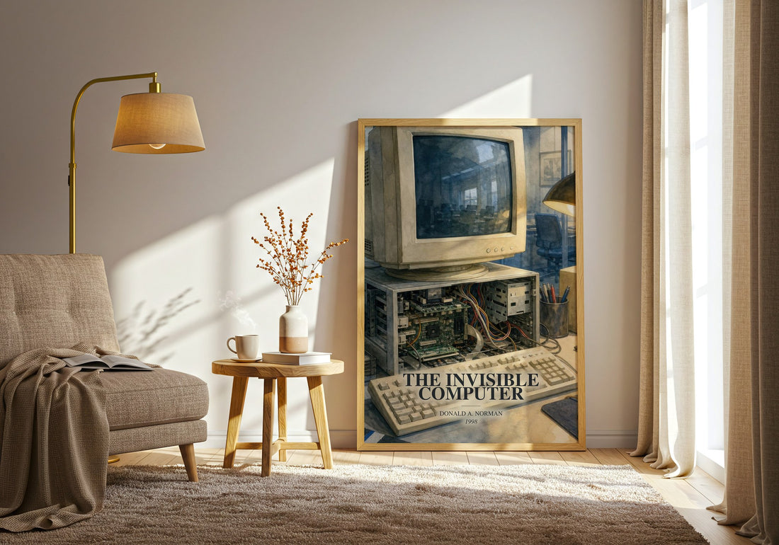 The invisible computer watercolour print in frame leaning in hallway – non fiction wall art