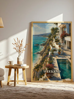 Weekend watercolour print in frame leaning in hallway – thriller wall art