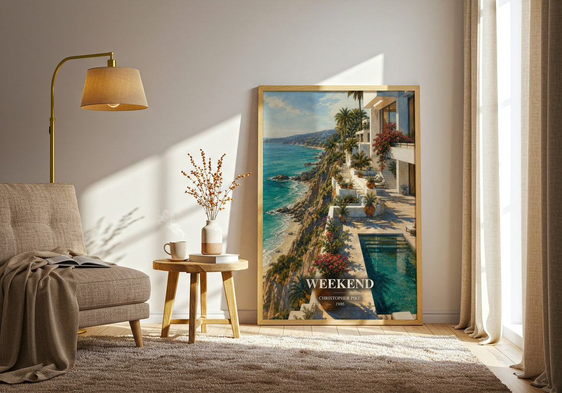 Weekend watercolour print in frame leaning in hallway – thriller wall art