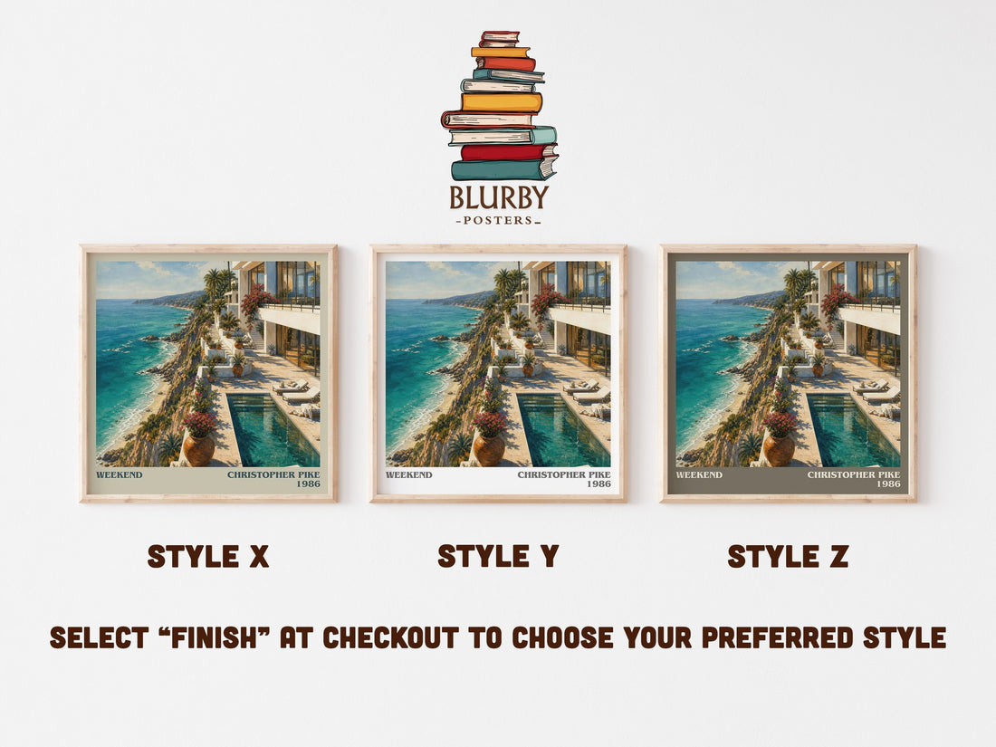 Weekend literary print in frame leaning in hallway – thriller wall art (mockup)