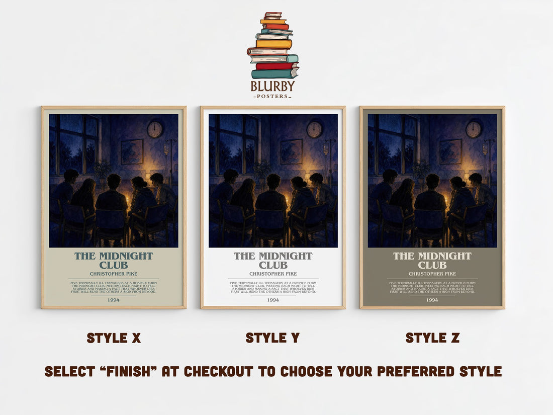 The Midnight Club bookish print in frame leaning in hallway – young adult wall art (mockup)