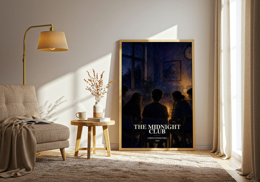 The Midnight Club watercolour print in frame leaning in hallway – young adult wall art