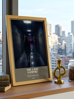 The Last Vampire Book Cover Poster by Christopher Pike – framed print on a city-view windowsill