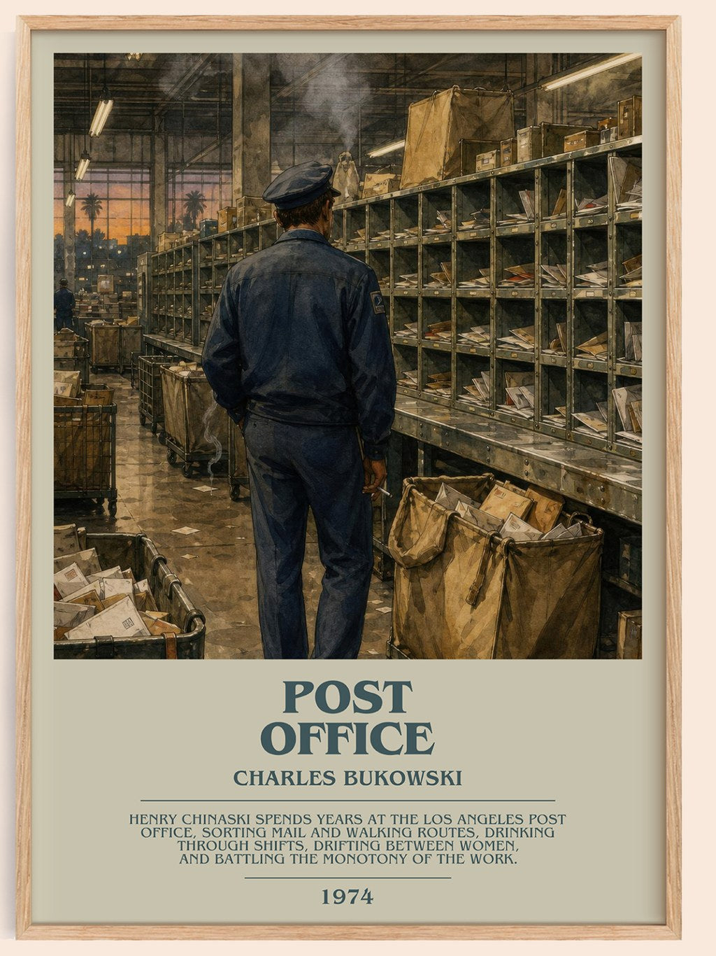 Post office bookish book poster by Charles Bukowski – framed literary art print