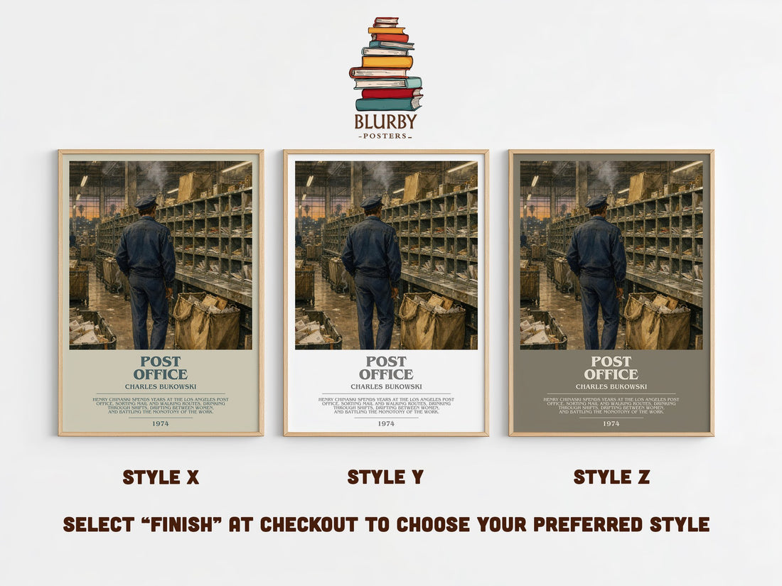 Post office bookish print in frame leaning in hallway – literary fiction wall art (mockup)