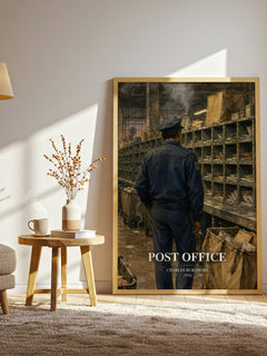 Post office watercolour print in frame leaning in hallway – literary fiction wall art