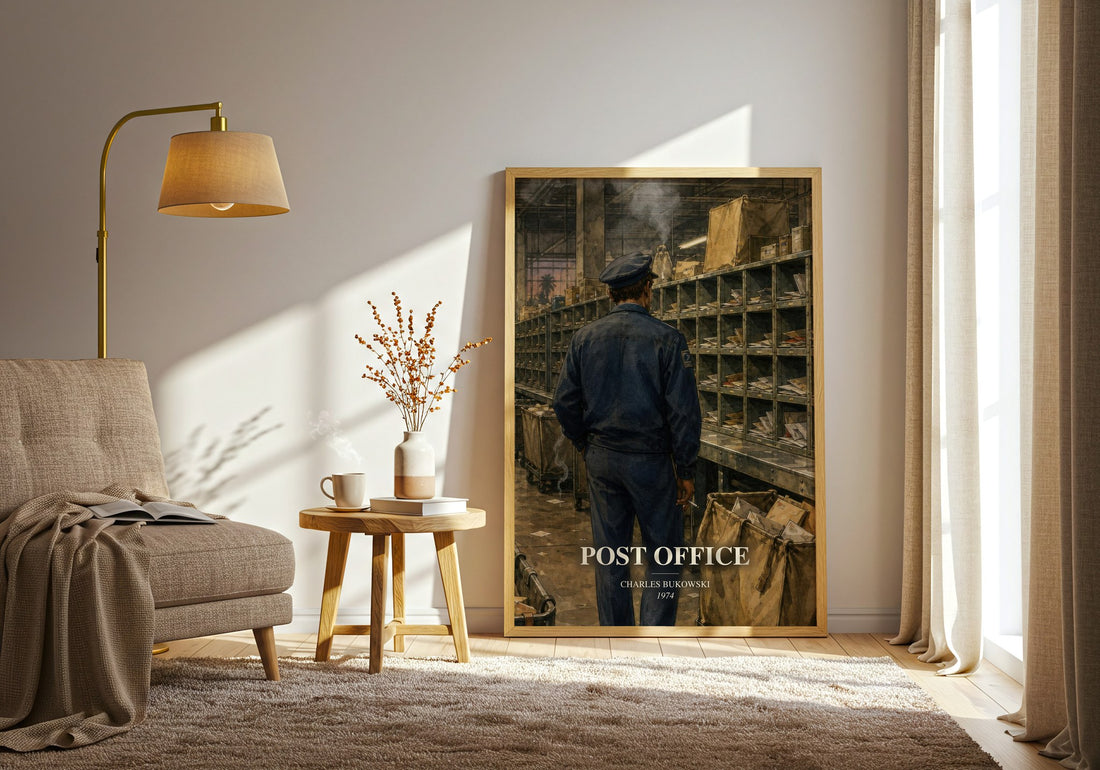Post office watercolour print in frame leaning in hallway – literary fiction wall art