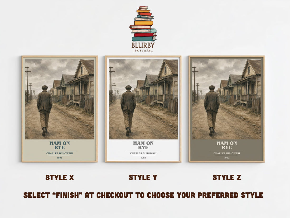 Ham on Rye book cover print in frame leaning in hallway – literary fiction wall art (mockup)