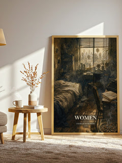 Women watercolour print in frame leaning in hallway – literary fiction wall art