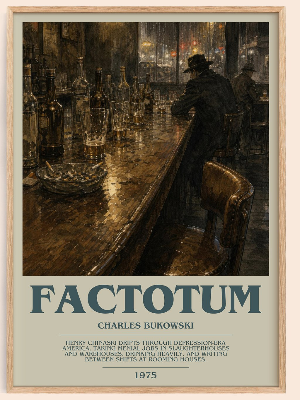 Factotum bookish book poster by Charles Bukowski – framed literary art print