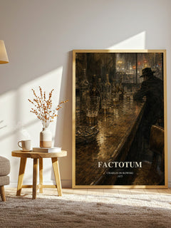Factotum watercolour print in frame leaning in hallway – literary fiction wall art