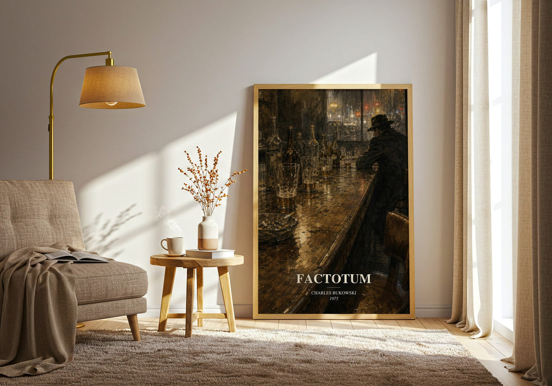 Factotum watercolour print in frame leaning in hallway – literary fiction wall art