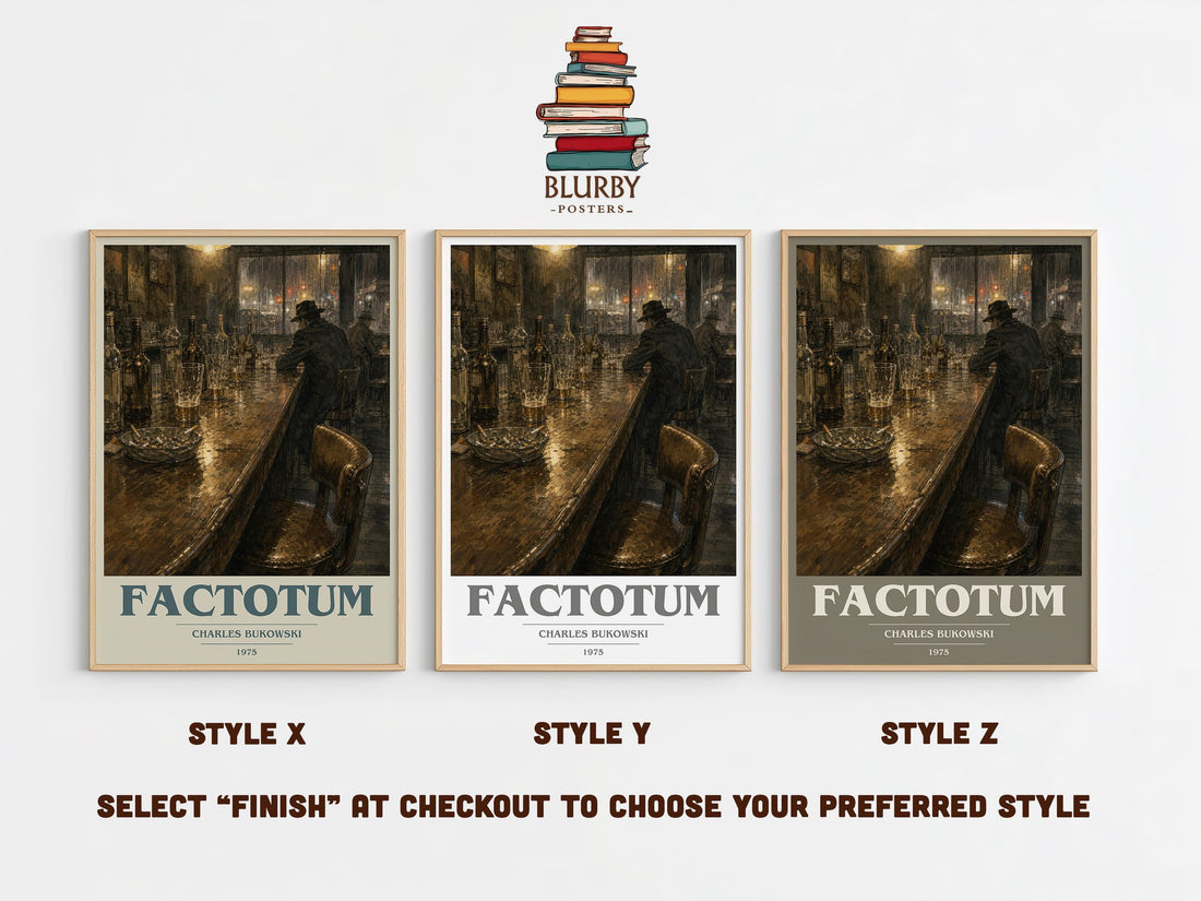 Factotum book cover print in frame leaning in hallway – literary fiction wall art (mockup)