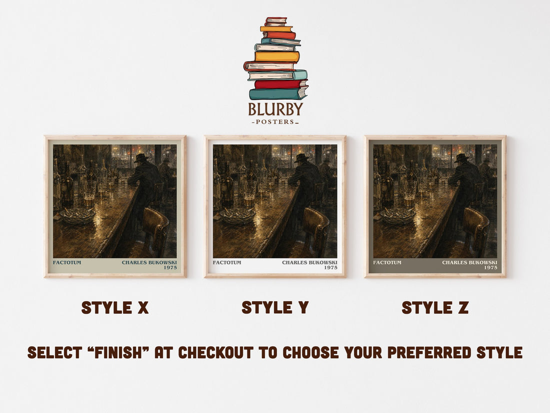 Factotum literary print in frame leaning in hallway – literary fiction wall art (mockup)