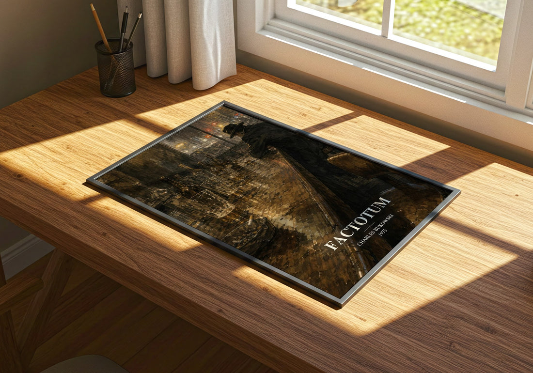 Factotum watercolour book poster framed on wall – literary fiction wall art