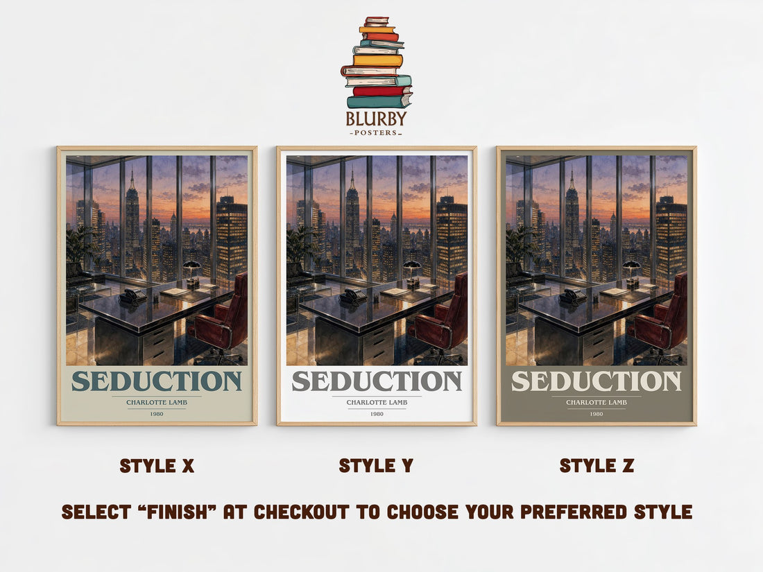 Seduction book cover print in frame leaning in hallway – romance wall art (mockup)