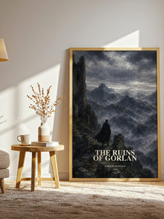 The Ruins of Gorlan watercolour print in frame leaning in hallway – fantasy wall art