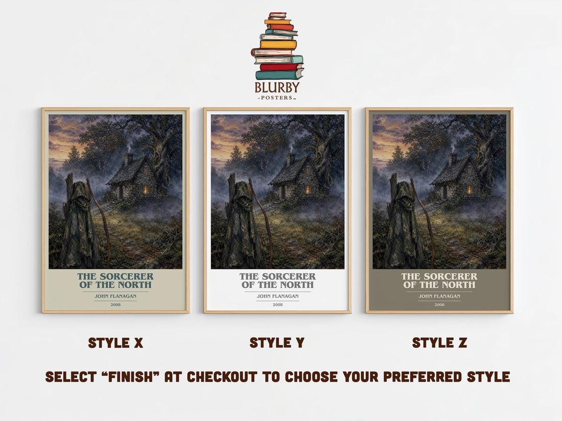 The Sorcerer of the North book cover print in frame leaning in hallway – fantasy wall art (mockup)