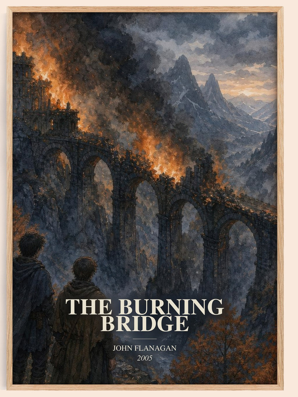 The Burning Bridge watercolour book poster by John Flanagan – framed literary art print