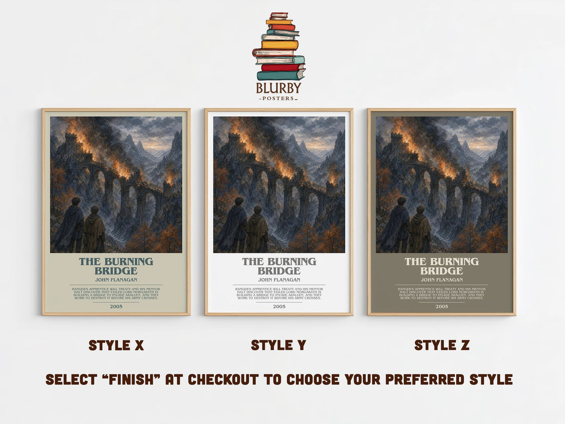 The Burning Bridge bookish print in frame leaning in hallway – young adult wall art (mockup)