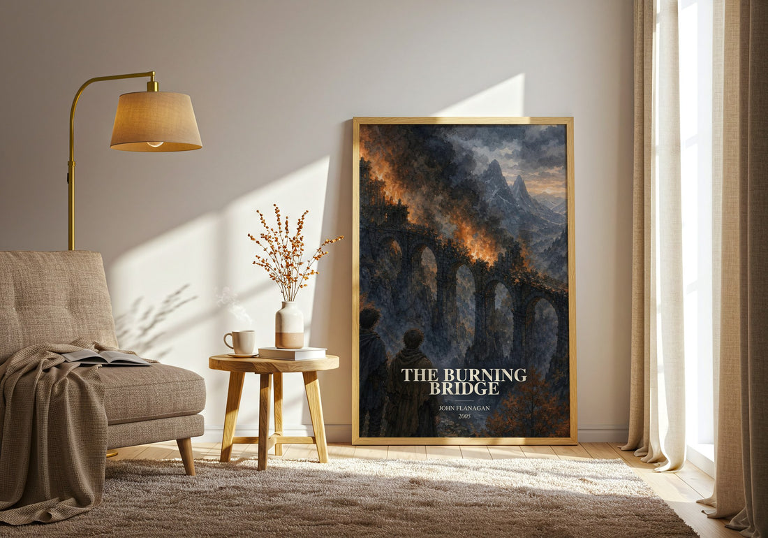 The Burning Bridge watercolour print in frame leaning in hallway – young adult wall art