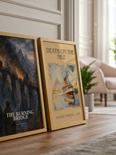 The Burning Bridge watercolour print framed by window – literary home decor