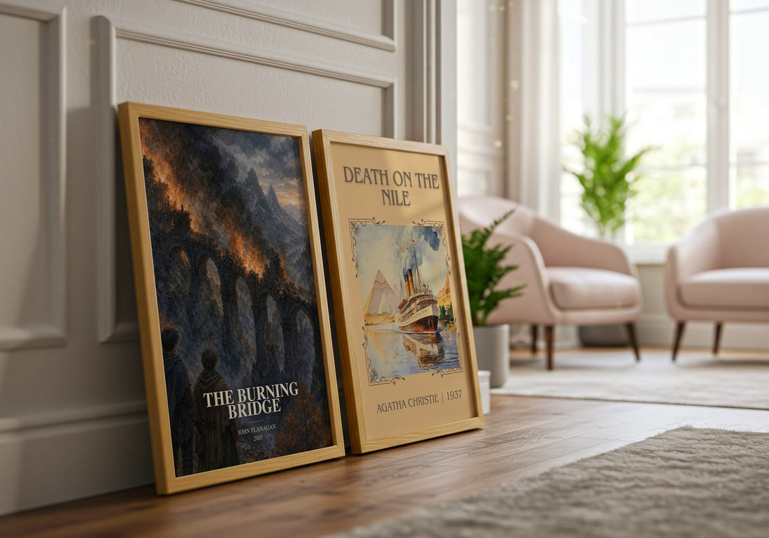 The Burning Bridge watercolour print framed by window – literary home decor