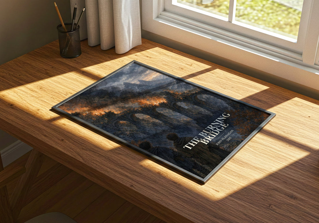The Burning Bridge watercolour book poster framed on wall – young adult wall art