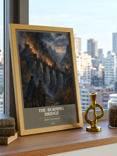 The Burning Bridge book cover print framed by window – literary home decor