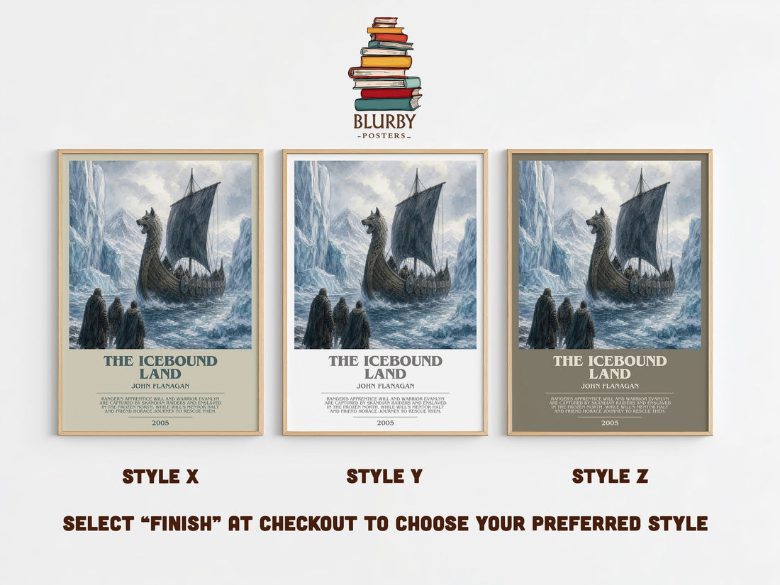 The Icebound Land bookish print in frame leaning in hallway – fantasy wall art (mockup)