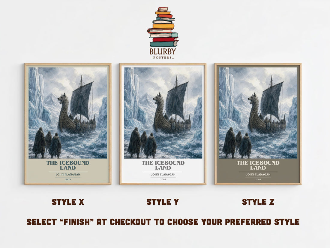 The Icebound Land book cover print in frame leaning in hallway – fantasy wall art (mockup)