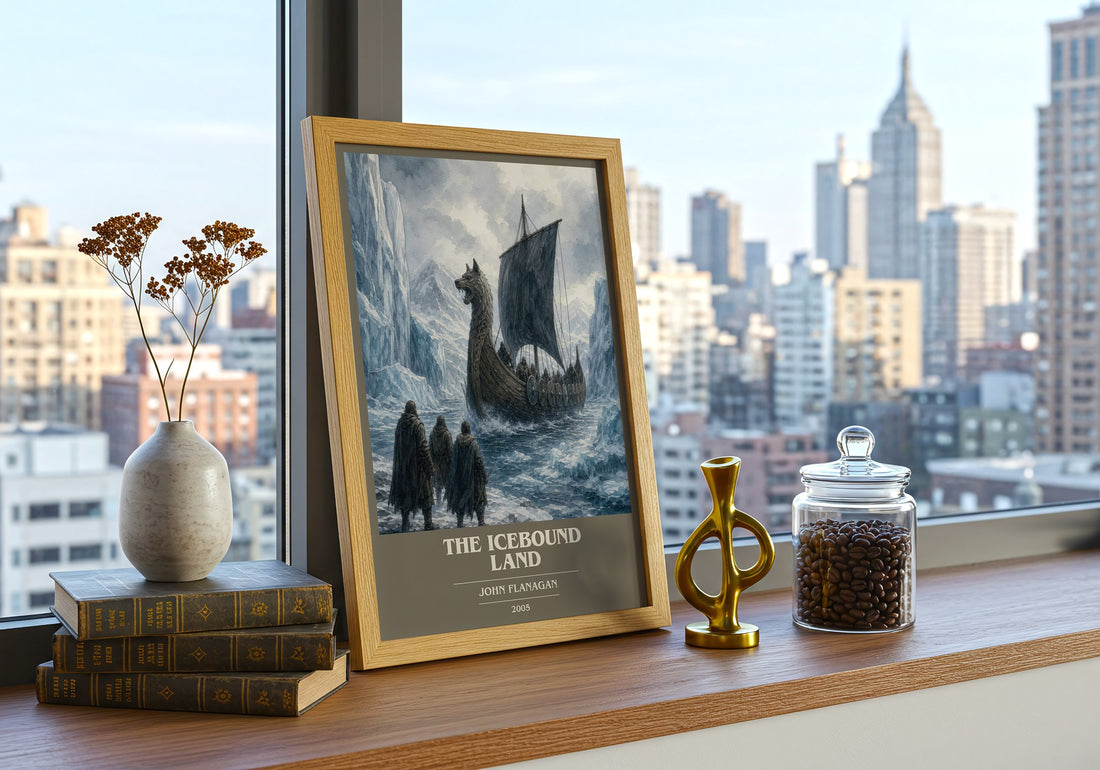 The Icebound Land book cover print framed by window – literary home decor