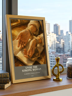 Untie the strong woman book cover print framed by window – literary home decor