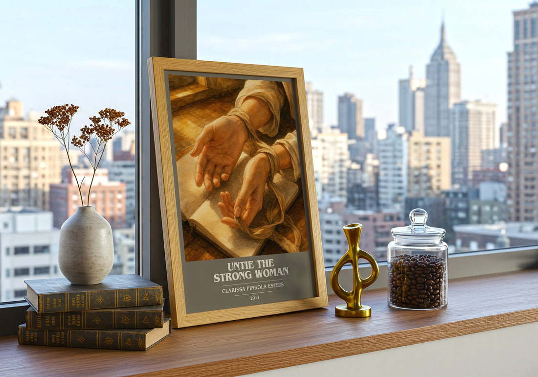 Untie the strong woman book cover print framed by window – literary home decor