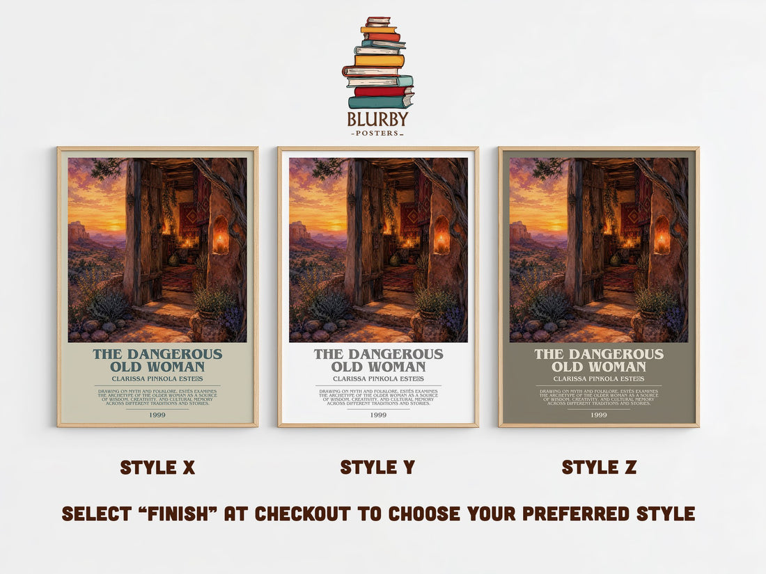 The Dangerous Old Woman bookish print in frame leaning in hallway – non fiction wall art (mockup)